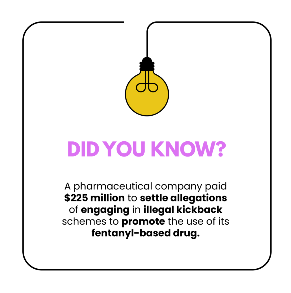 A pharmaceutical company paid $225 million to settle allegations of engaging in illegal kickback schemes to promote the use of its fentanyl-based drug.